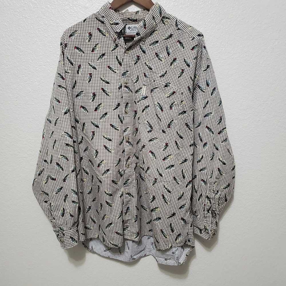 Columbia fishing lure print long sleeve shirt button down collared plaid